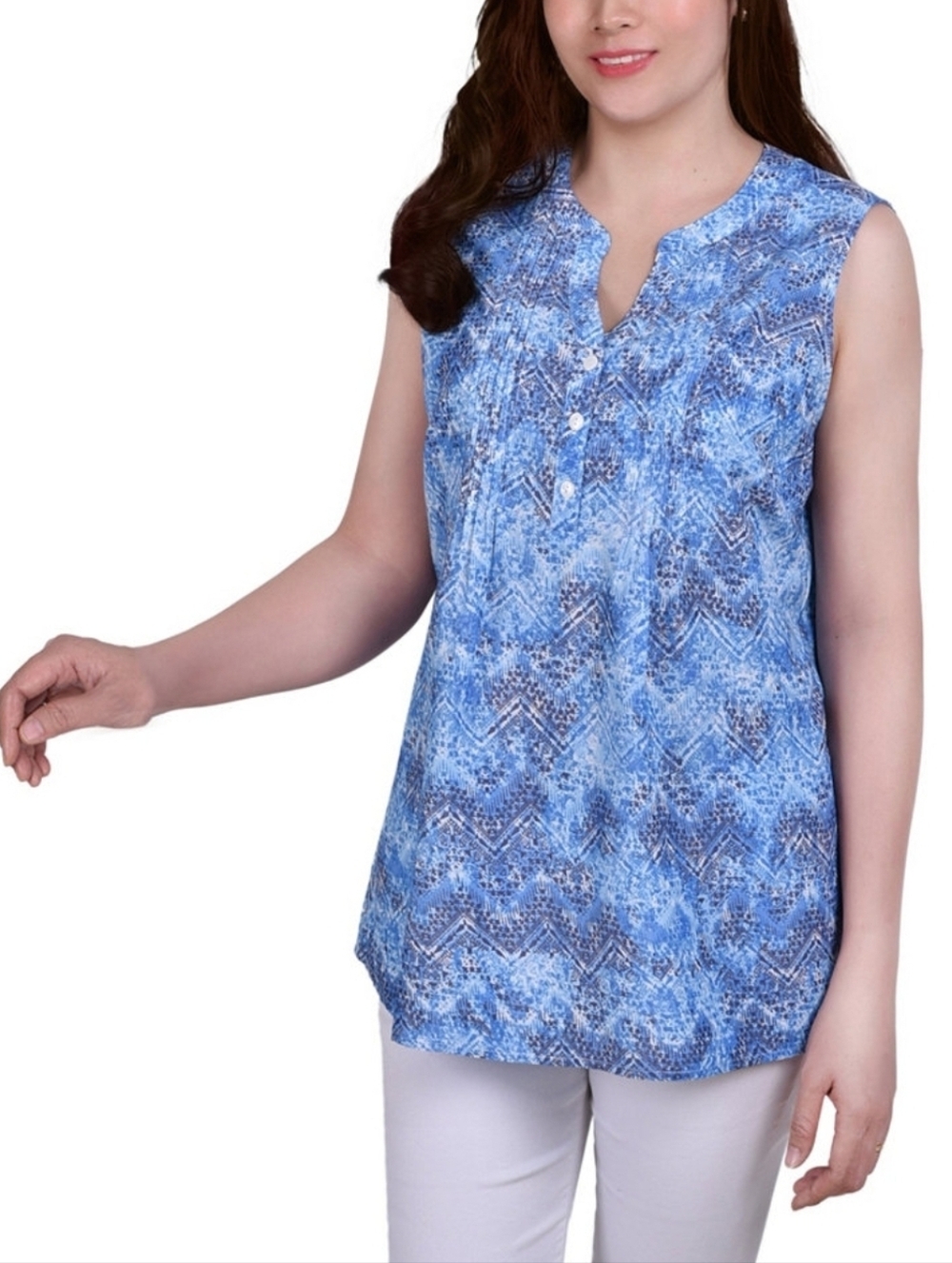 NY Collection Blue Printed Sleeveless Camisole Top Blouse Size L